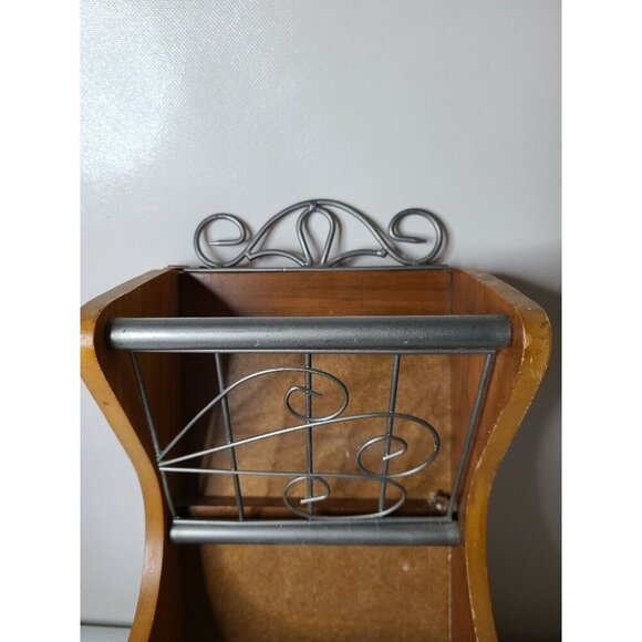 Vintage Wood Metal Ornate Two Tier Wall Hanging Mail Bill Organizer Holder MCM - Picture 3 of 11